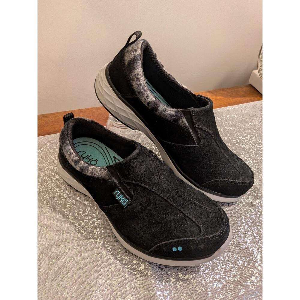 Ryka Terrain Womens 7W Slip-On Casual Sneaker Black Leather Suede Walking Shoe